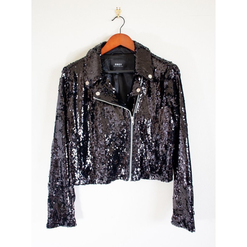 Obey Bigby Black Sequin Motorcycle Jacket NEW